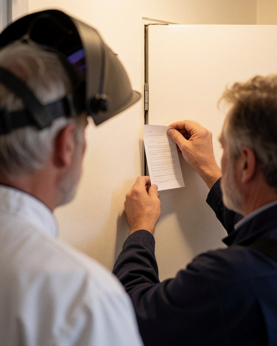 Technician inspects the refrigerator door seal with a piece of paper while a customer watches during an appliance repair service.