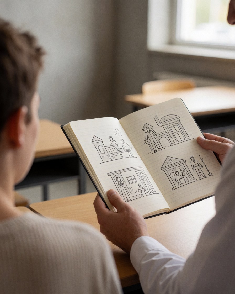 Student viewing cultural drawings in an open notebook during a spanish class with concrete walls and natural light