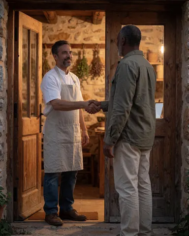 Guest and host shaking hands at the wooden door of a rural lodging with stone wall and dried herbs in warm sunset light