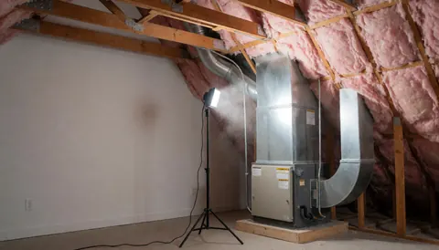 Ceiling mounted heating and air conditioning unit with metal ductwork and pink insulation, lit by a portable work light for repair services