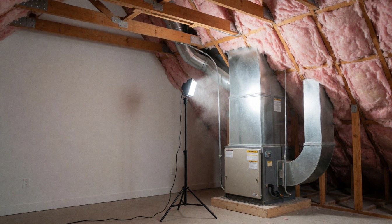 Ceiling mounted heating and air conditioning unit with metal ductwork and pink insulation, lit by a portable work light for repair services