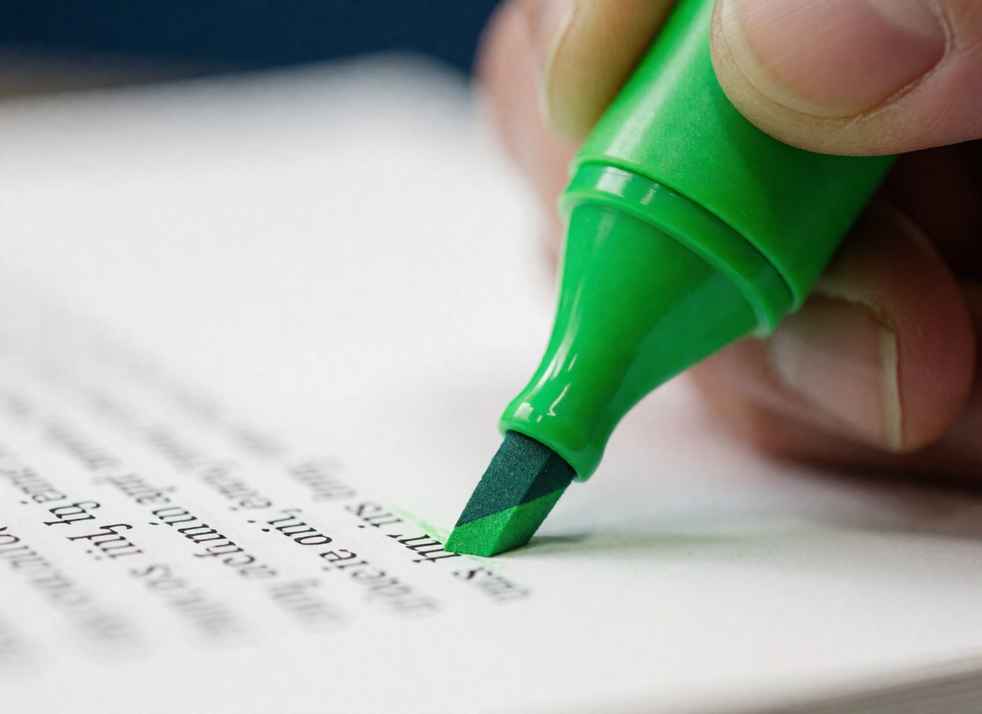 Green chisel highlighter marking text on white paper with a dark blue wall background, stationery detail