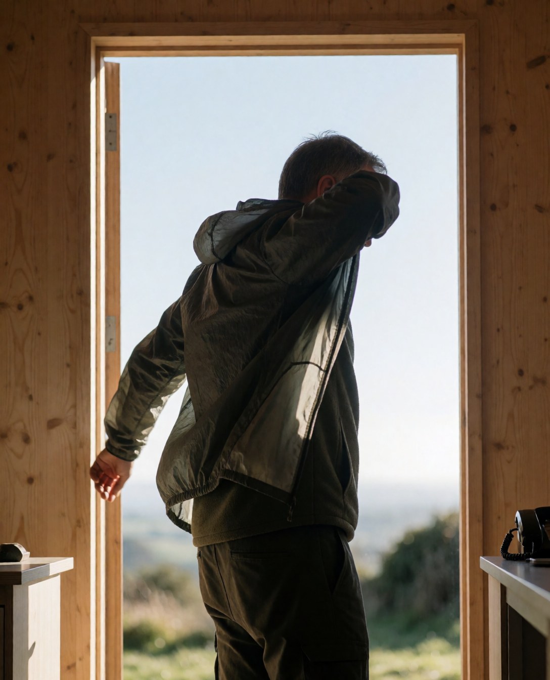A man places a jacket on the wooden entrance of a mountain hut during morning light with a view of the mountains.