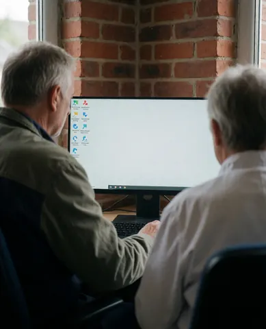 A customer looking at a computer desktop displayed on a monitor in a professional computer repair office setting with a brick wall background.