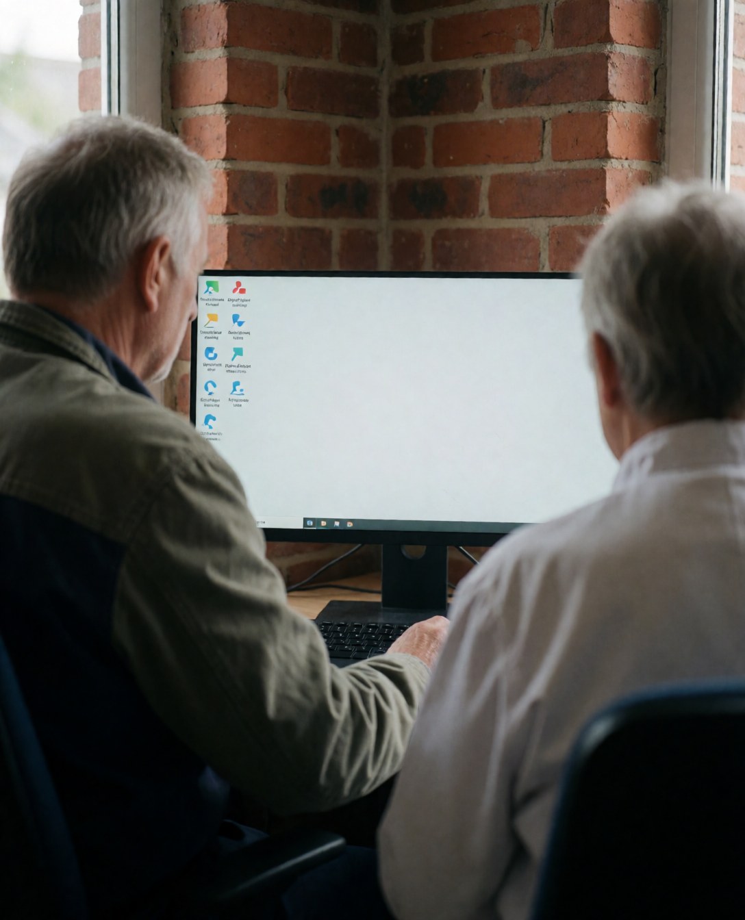 A customer looking at a computer desktop displayed on a monitor in a professional computer repair office setting with a brick wall background.