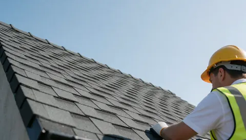 Roof repairer working on asphalt shingle roof under blue sky, wearing safety helmet and reflective vest