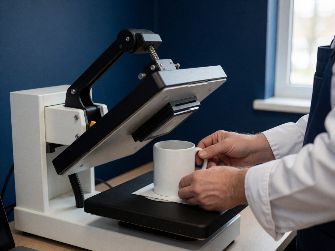 Sublimation machine applying a design to a white mug with hands adjusting the placement against a navy blue wall