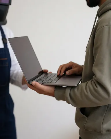 Satisfied client holding a new laptop, technician in protective cap, white wall, computer repair service