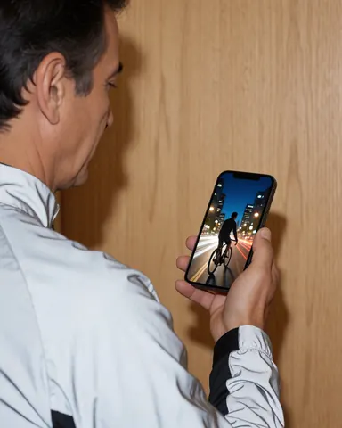 A cyclist reviews a photo on their smartphone, with a wooden wall and athletic clothing visible in the background.