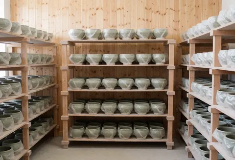 Wooden shelves holding green ceramic pots wrapped in plastic, set against light wood walls with natural lighting