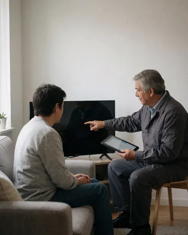 Tv repair technician showing a tablet diagnosis to a seated client in a clean living room with natural light
