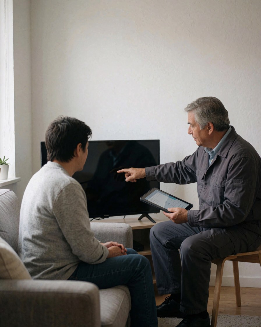 Tv repair technician showing a tablet diagnosis to a seated client in a clean living room with natural light