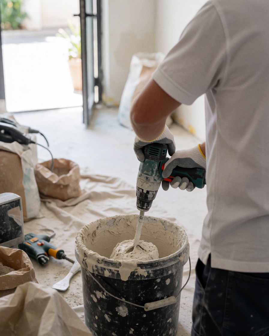 A worker wearing gloves mixes plaster in a bucket using an electric tool during a renovation project.