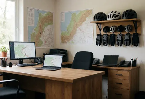 Mountain bike coaching office featuring topographic maps on walls, hanging helmets and gloves, and a laptop displaying a route on a wooden desk