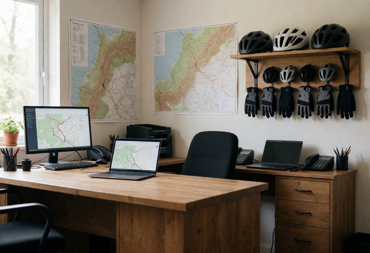 Mountain bike coaching office featuring topographic maps on walls, hanging helmets and gloves, and a laptop displaying a route on a wooden desk