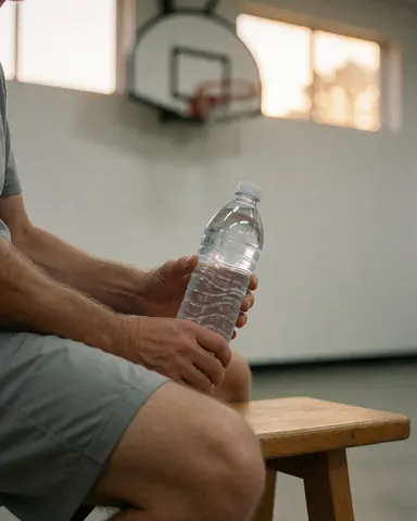 Close-up of a hand holding a water bottle on a wooden bench with a basketball hoop in the background