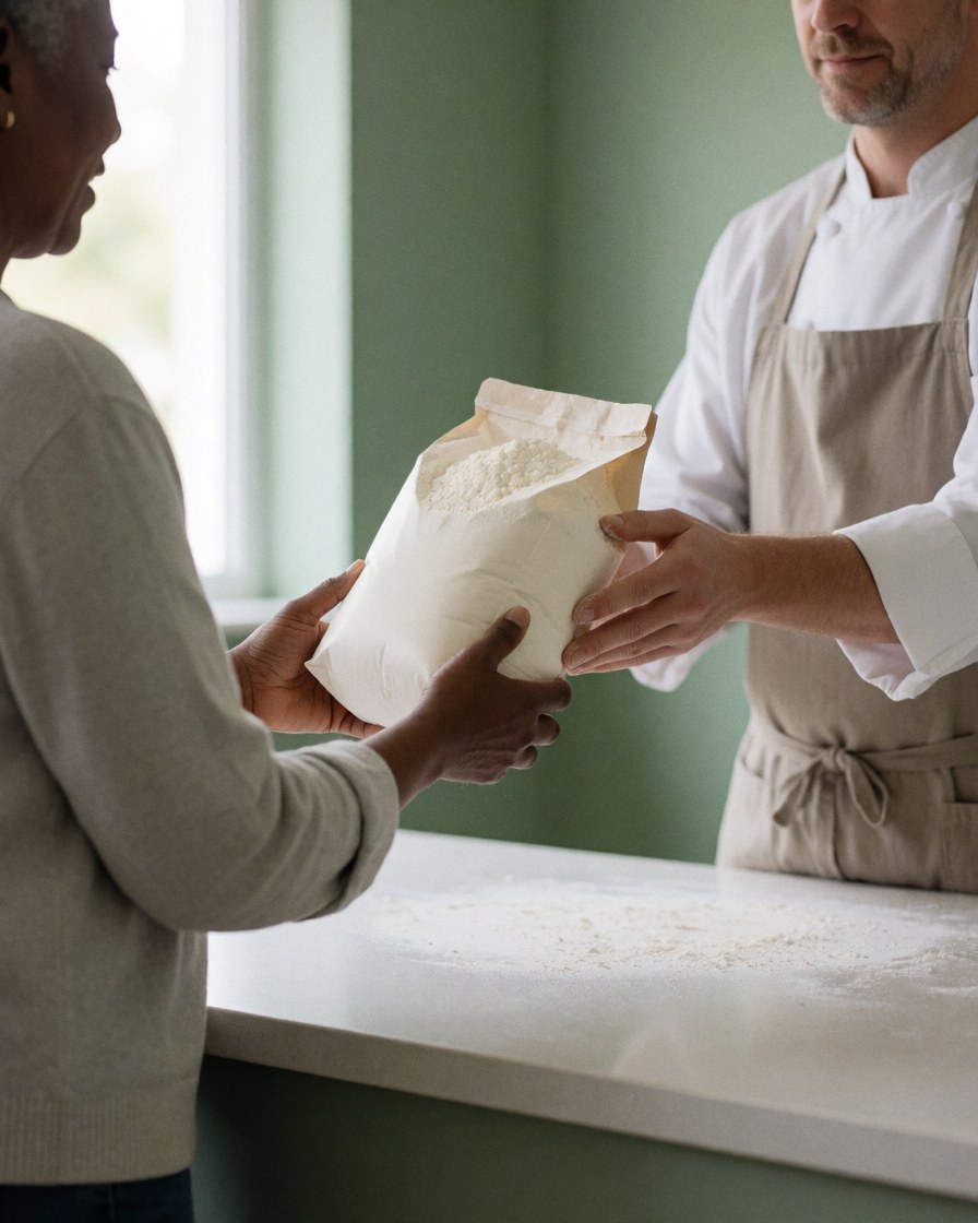 A customer receives a sack of flour from a baker at a clean counter with natural light and soft green walls.