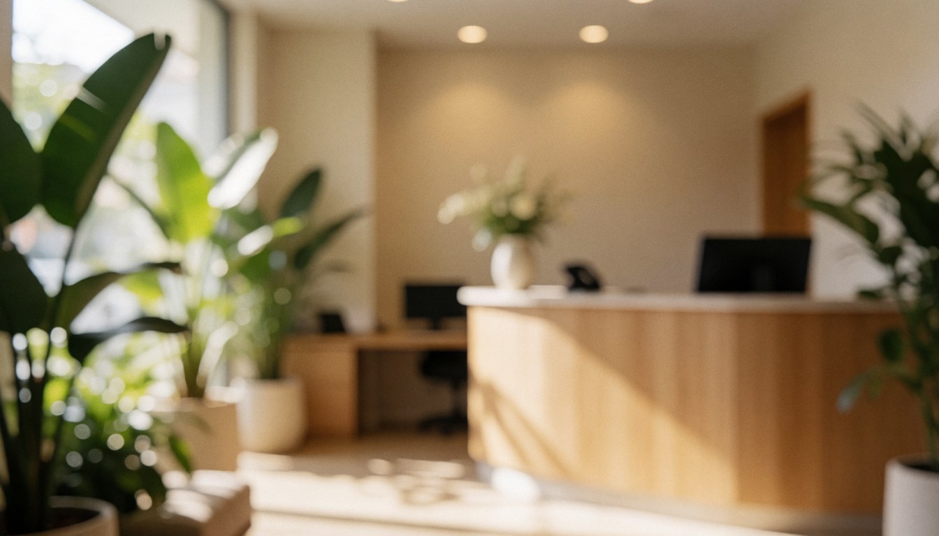 Wooden reception counter surrounded by lush tropical plants and warm natural lighting, ideal for text overlay
