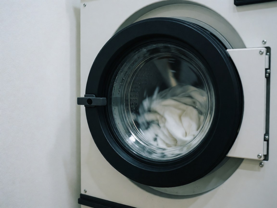 Close-up of an industrial washing machine running with white clothes and water, showing foam and condensation on a white background