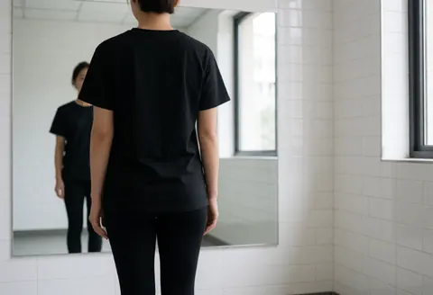 Person standing with back to camera facing a large mirror in a white tiled rehearsal room with natural light from a window