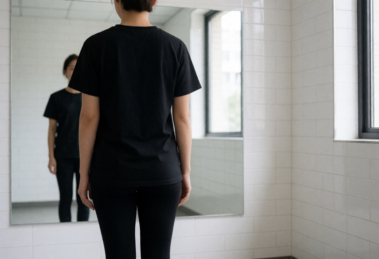 Person standing with back to camera facing a large mirror in a white tiled rehearsal room with natural light from a window