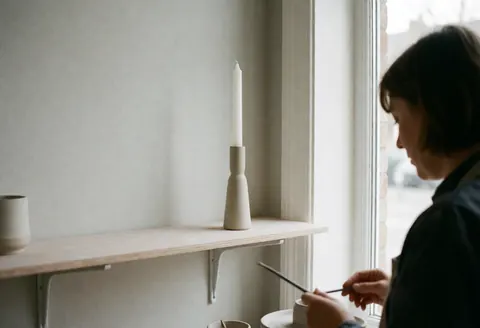 Handmade ceramic candle holder on a table with natural light and a person working in the background