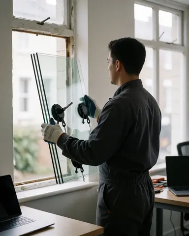 A glazier installs double pane glass in an office window using suction cups and tools.