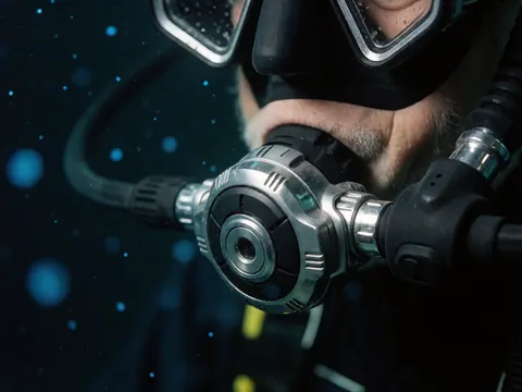 Close-up of a scuba diving regulator in dark water with floating bioluminescent particles, showcasing professional underwater equipment details.