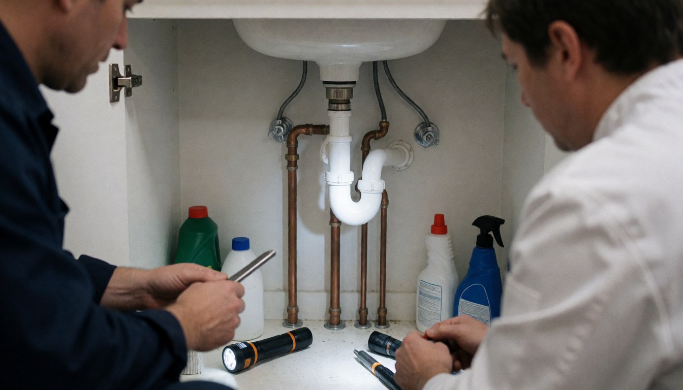 Two technicians inspect copper pipes and a white P-trap under a sink with cleaning bottles and a flashlight on the floor