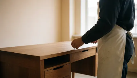 Carpenter in an apron inspecting a finished wooden table in a workshop with beige walls and natural light