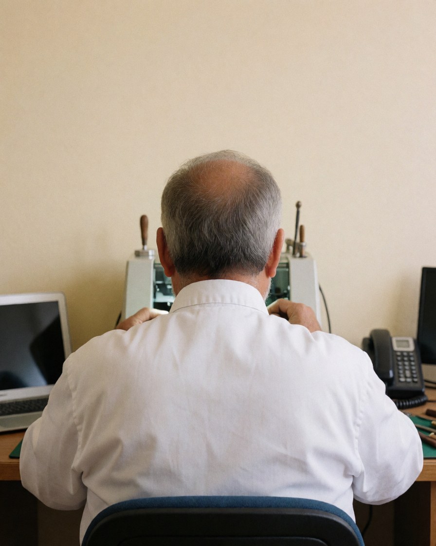A watchmaker works at a repair machine in a workshop with beige walls and visible tools.