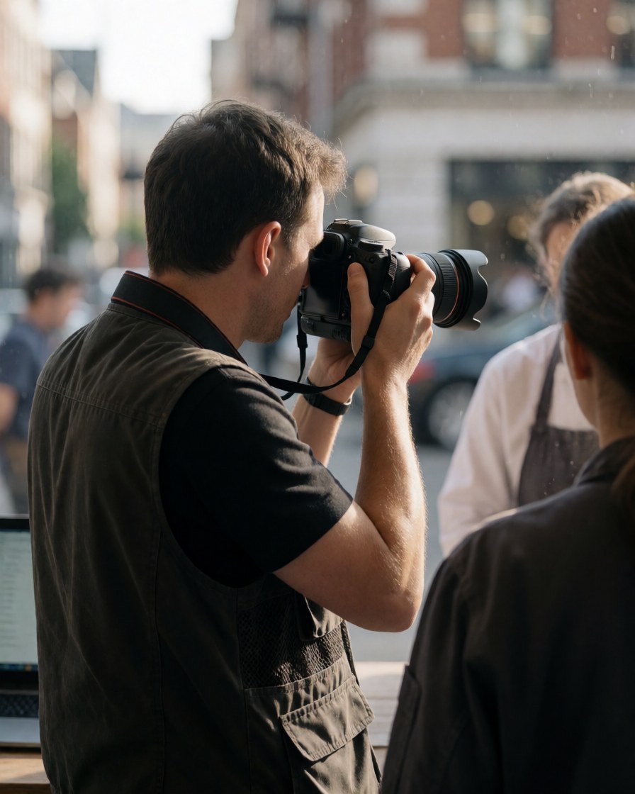 Documentary photographer holding a DSLR camera with a 35mm lens capturing an urban scene from behind with a blurred background of people and buildings