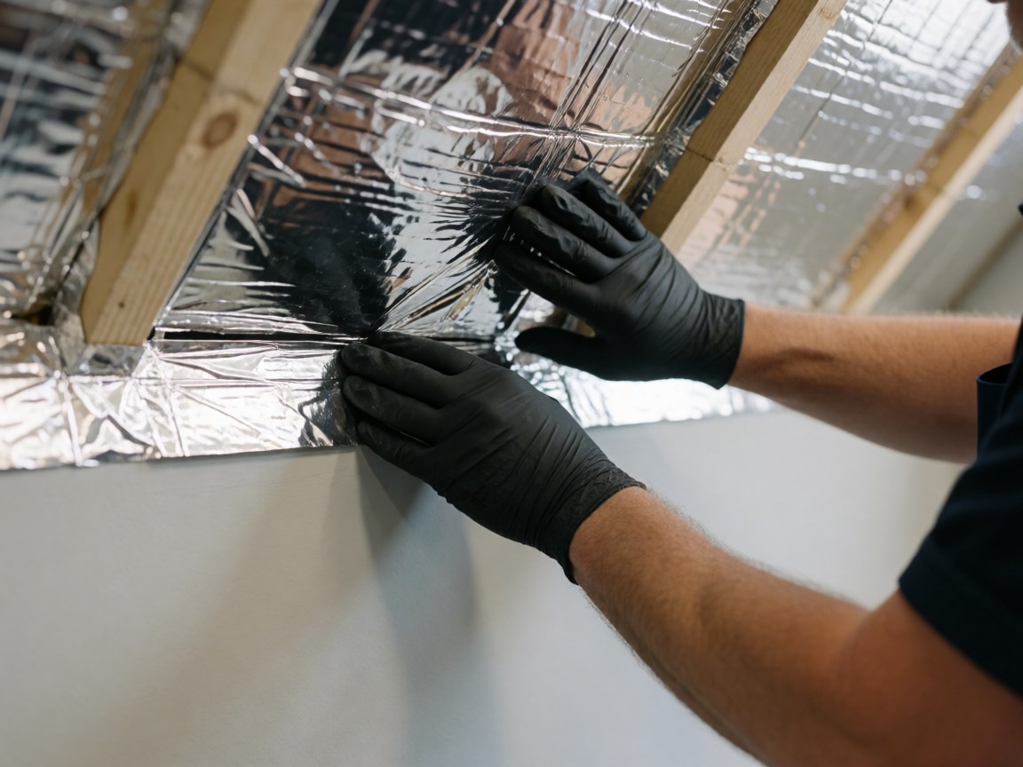 Close-up of gloved hands installing reflective silver thermal insulation material over wooden beams on a gray wall.