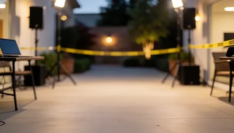 An outdoor patio at sunset featuring tripods with speakers, yellow safety tape, and a laptop, serving as a text background for event sound systems.