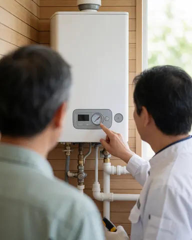 Professional plumber pointing at a water heater gauge while explaining readings to a customer during an installation.