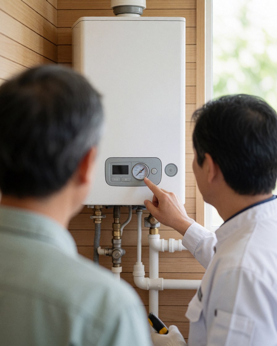 Professional plumber pointing at a water heater gauge while explaining readings to a customer during an installation.