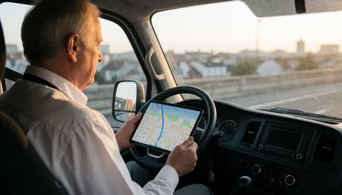 Driver holding a GPS tablet inside a van with a city background visible through the window