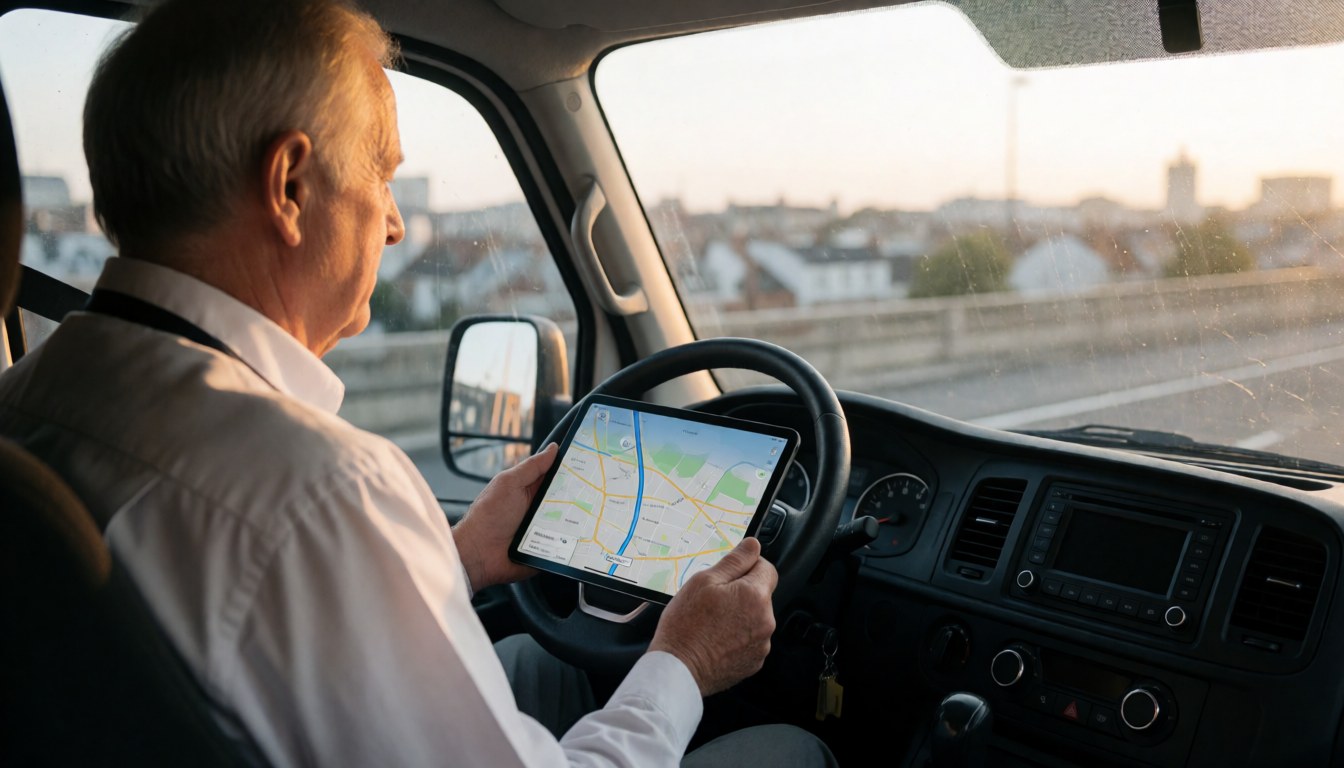 Driver holding a GPS tablet inside a van with a city background visible through the window