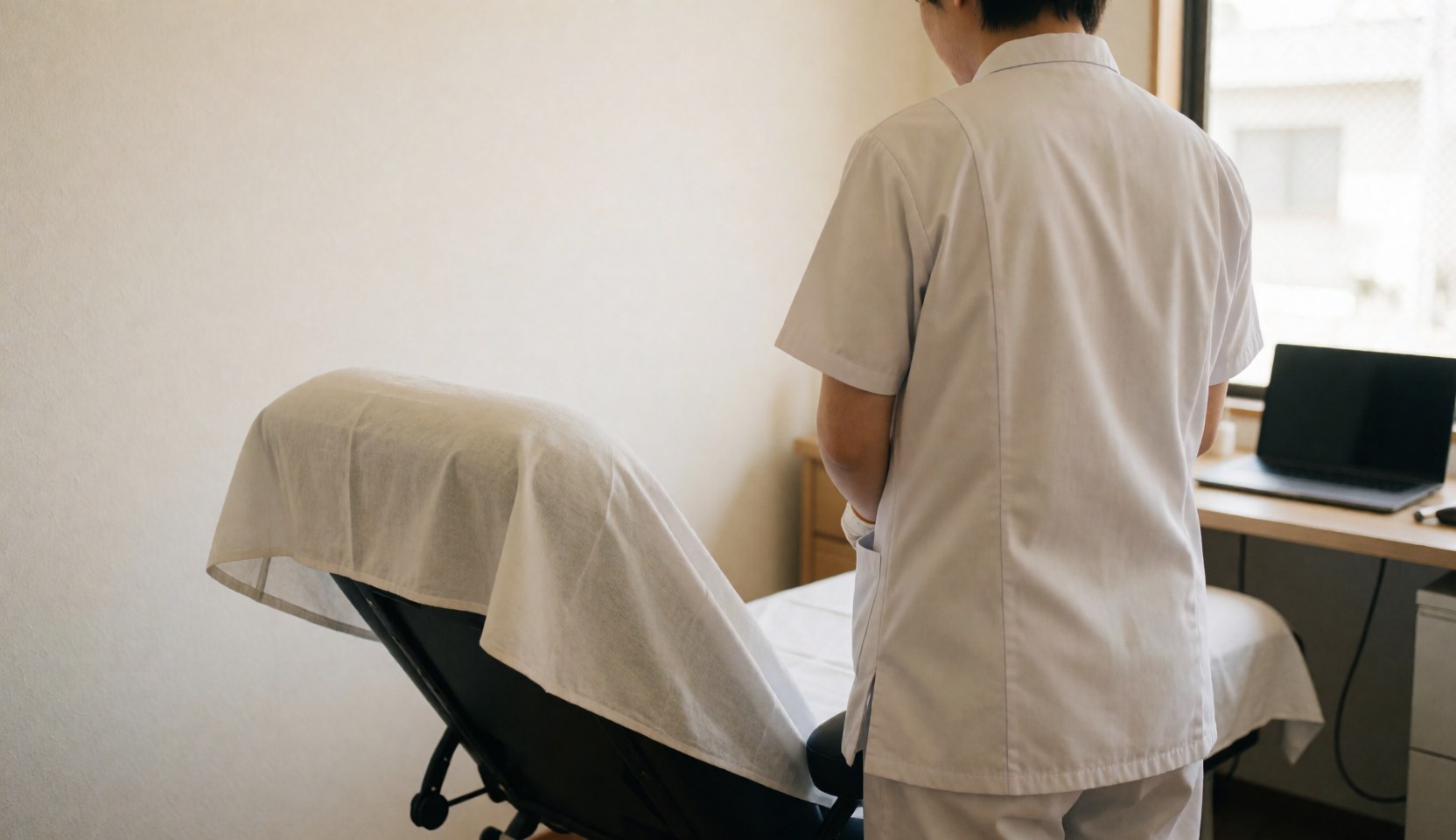 Back view of a hypnotherapy professional in a white uniform standing beside a recliner chair covered with white fabric in a calm therapy room with cream walls and natural light.