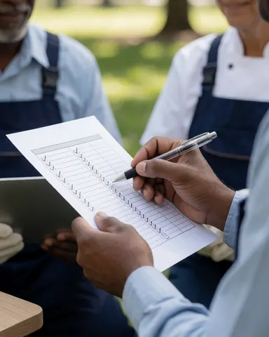 Close-up of a hand holding a fitness log with checkmarks, with a blurred fitness professional in the background