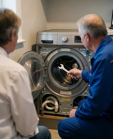 Close-up of a technician in a blue uniform using a tool to tighten a screw on an open washing machine under warm lighting.
