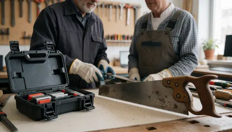 Open portable sharpening kit on a workbench with a used hand saw, tools hanging on the wall, and two workers wearing gloves.