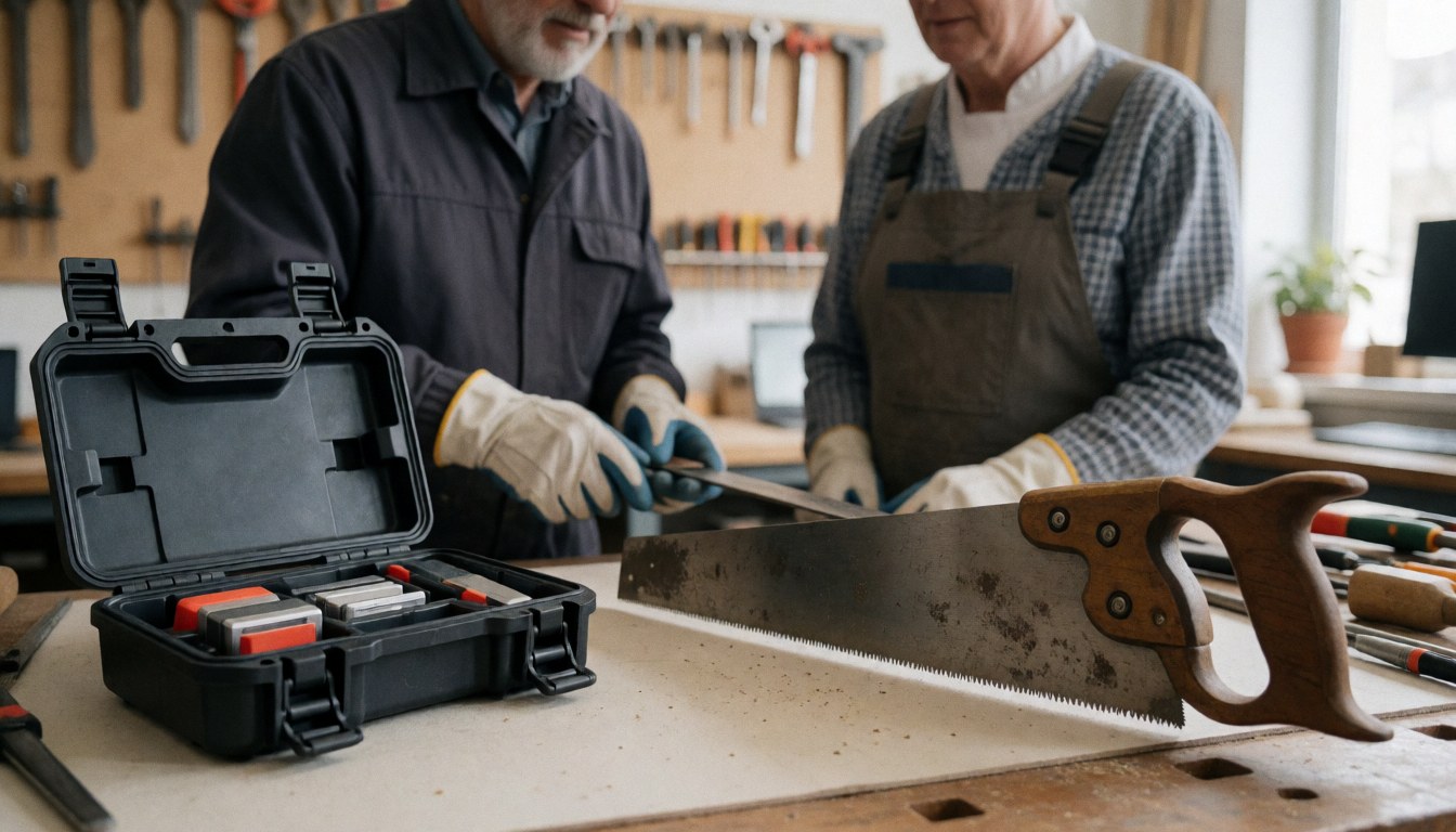 Open portable sharpening kit on a workbench with a used hand saw, tools hanging on the wall, and two workers wearing gloves.