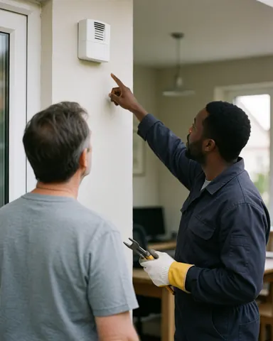 Technician pointing at an outdoor alarm siren while a customer watches nearby.