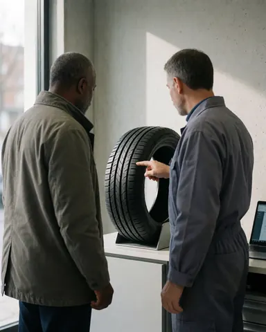 A mechanic and client inspect a tire in a well-lit workshop with concrete walls and a laptop nearby.