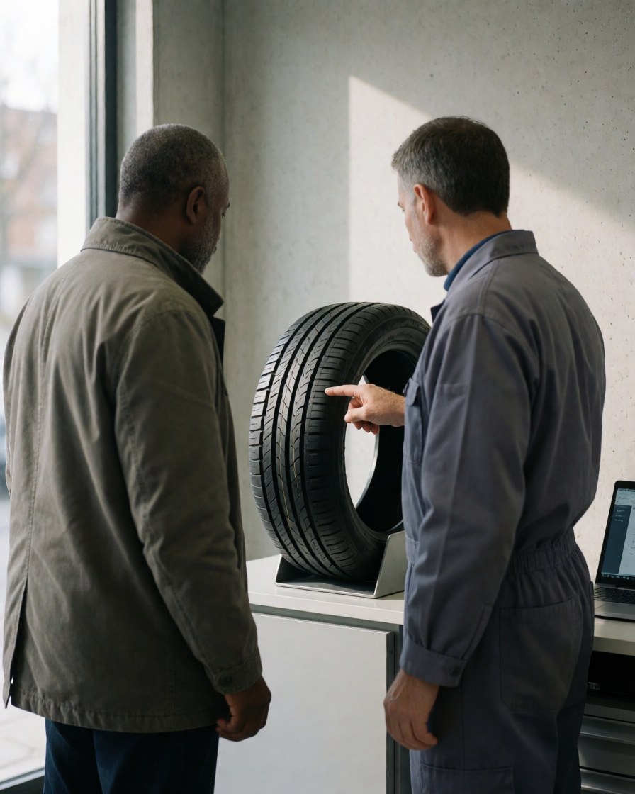 A mechanic and client inspect a tire in a well-lit workshop with concrete walls and a laptop nearby.