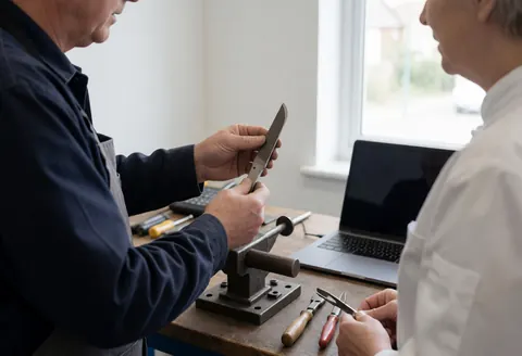 Technician displaying a knife to a client in a well-lit workshop with tools and a workbench