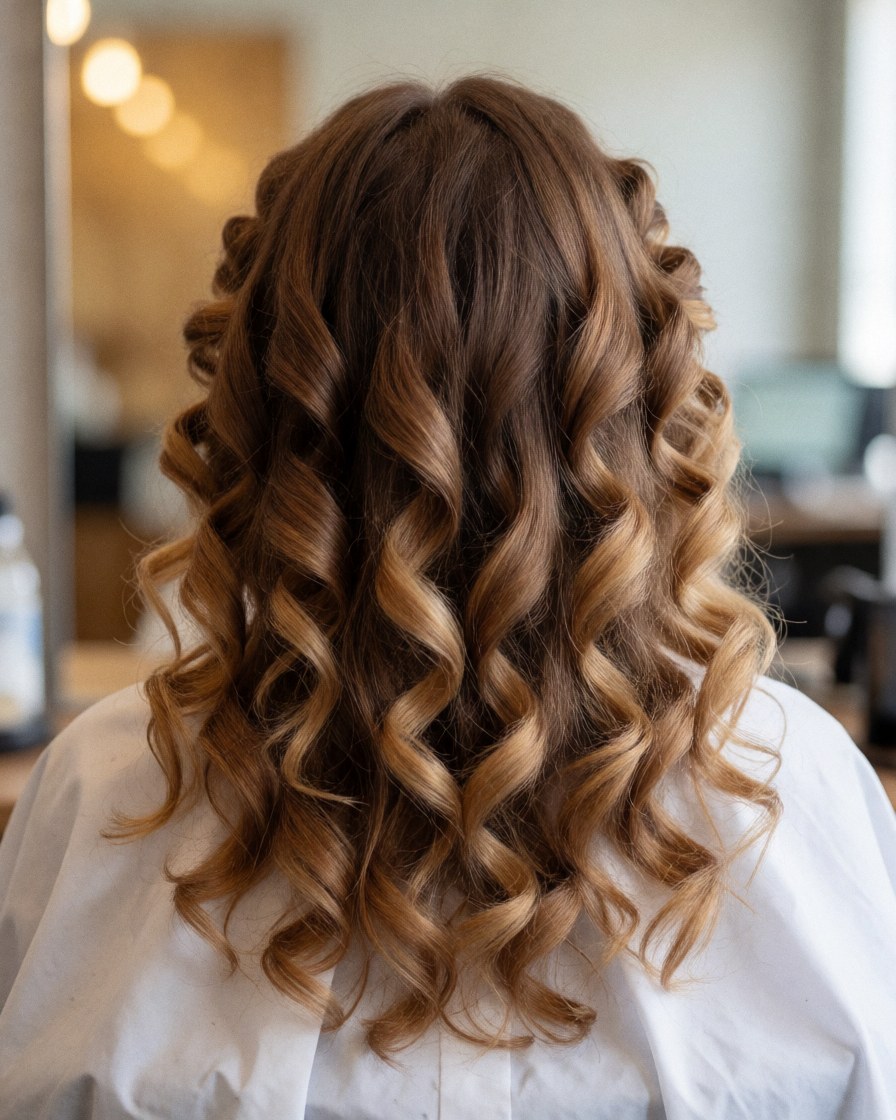 A client with curly hair wearing a white cape sits in a beauty salon with a mirror and background lights visible.