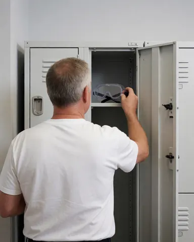 A man puts safety glasses into an open locker in a gray-walled hallway, preparing for work.