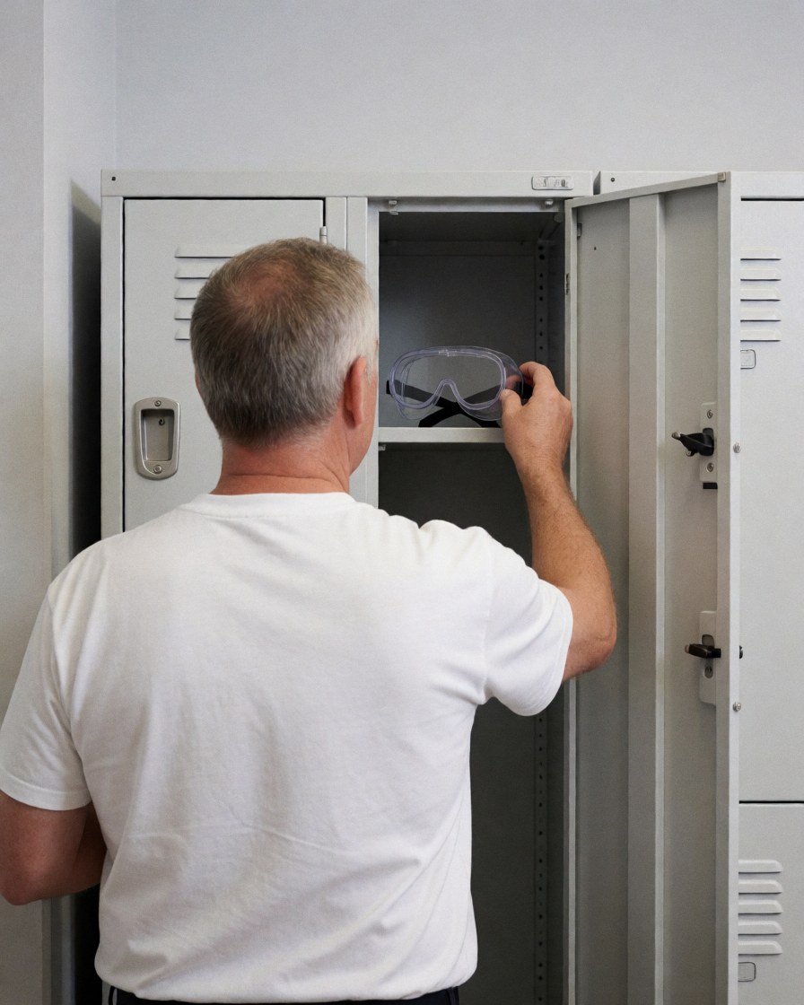 A man puts safety glasses into an open locker in a gray-walled hallway, preparing for work.